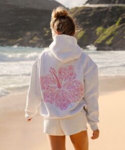 Pink Palm Puff Hawaii Hibiscus Hoodie Grey