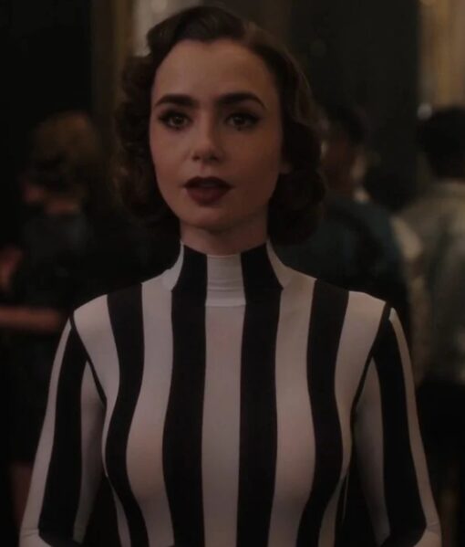 Lily Collins TV-Series Emily in Paris Season 4 Emily Cooper Black & White Striped Jumpsuit