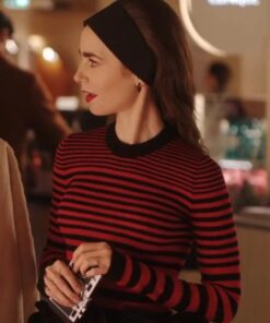 Lily Collins TV-Series Emily in Paris Season 4 Emily Cooper Red & Black Striped Sweater