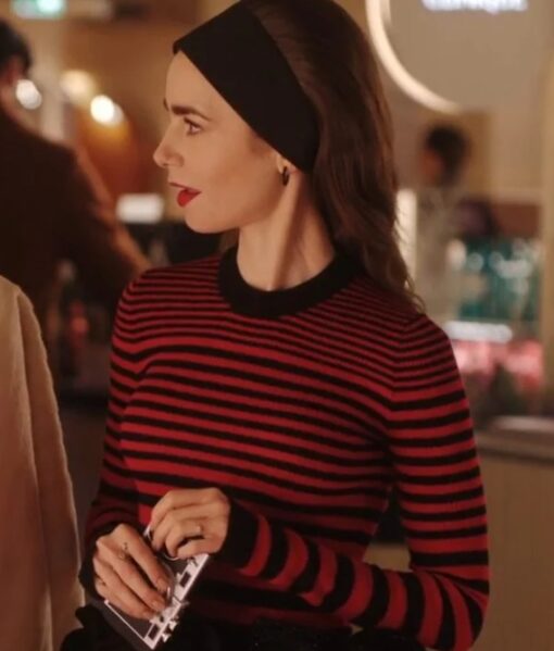 Lily Collins TV-Series Emily in Paris Season 4 Emily Cooper Red & Black Striped Sweater