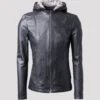 Women Black Hooded Leather Jacket