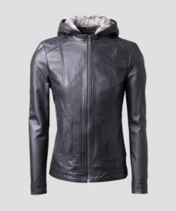 Women Black Hooded Leather Jacket