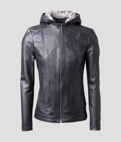 Women Black Hooded Leather Jacket